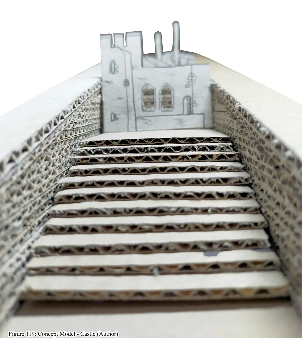 Concept Model - The model represents the idea of digging into the High Street itself. The idea was to drastically alter the form of the High Street to a point that it altered the ways that people in Dudley would live their day-to- day, changing the theatre of their lives, so that they could learn about their own history, their legacy, and about the endless possibilities of Dudley’s future. The idea was inspired by the word “Cut”, which in Black Country Dialect means “Canals”, as they were long cuts through the land. 

Dudley’s fountain represents the Middle Ages, showing the growth of Dudley over time. While it was the Capital of the Black Country (and still is), the Middle Ages is when Dudley saw itself come into it’s own place, being recognised as a big market town, and slowly expanding it’s territories and influence.

The Castle represents the Dudley Castle, built in the 11th Century. Ruling over the land, the Castle is a key component of the Legacy of Dudley, sitting on the highest point for miles around, rich with history, from Being demolished twice, to the civil war, to now watching over the Zoo.

The factories represent the Industrial Revolution era of Dudley, a time when Dudley was the king of England, and basically ran the entire process. It was an important aspect of Dudley’s Legacy, and sits as probably its crowning glory - even if today we can recognise the disastrous affects it had on the world in the short period of time the era passed.

The Market represents the modern day. Dudley has seen better years, but it is with this project that I propose that even better ones are just around the corner. While people don’t look fondly at Dudley, those from there have a fierce dedication to the legacy of Dudley, which hopefully will burn to a brighter future. - Oscar Law Concept Model - Castle.png